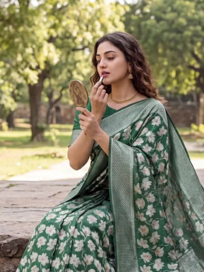 Full view of Bottle Green Raw Silk Saree with Silver Zari festive wear Maharanga