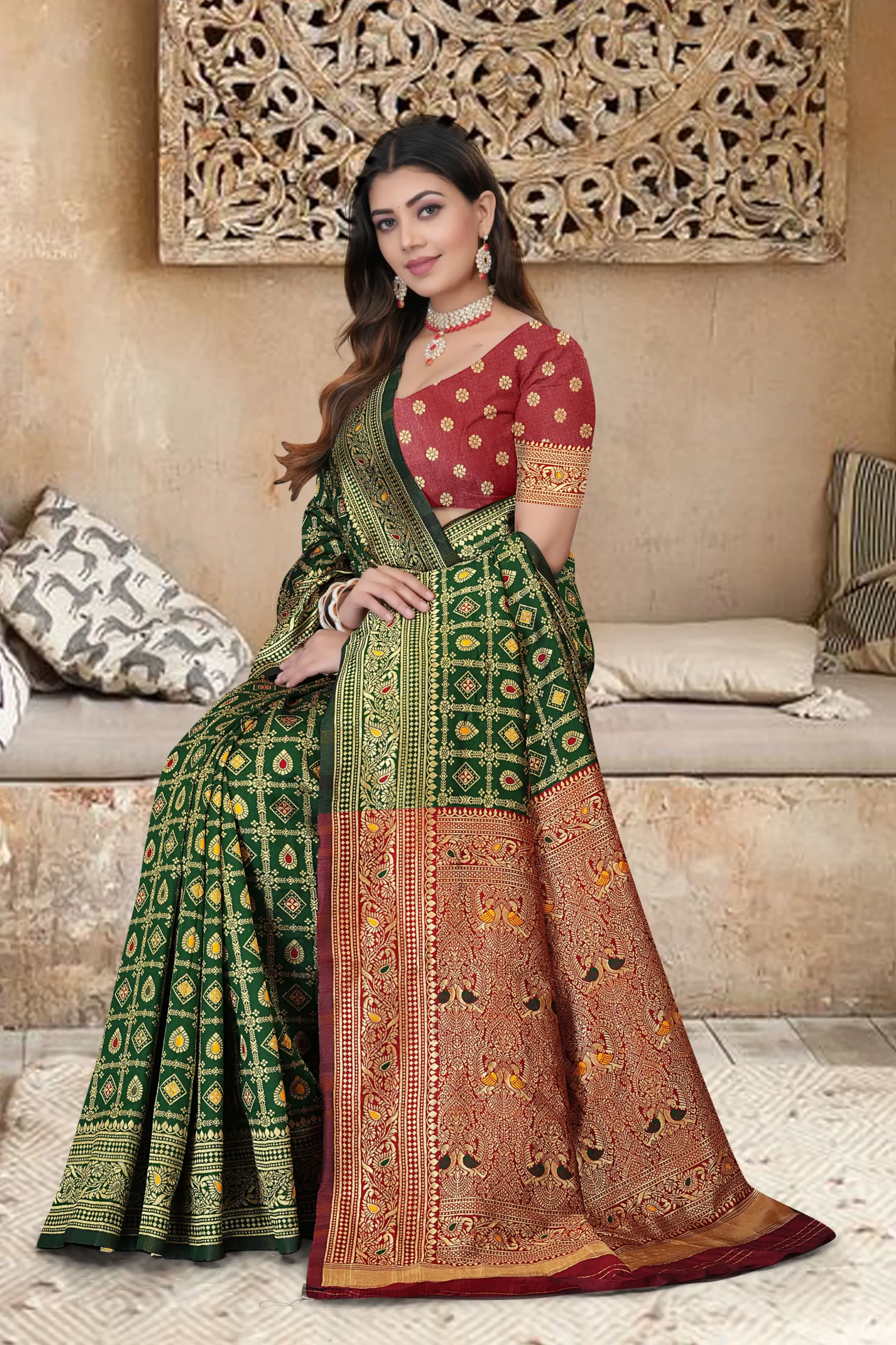 Green red Banarasi silk blend saree with rich gold zari and festive design