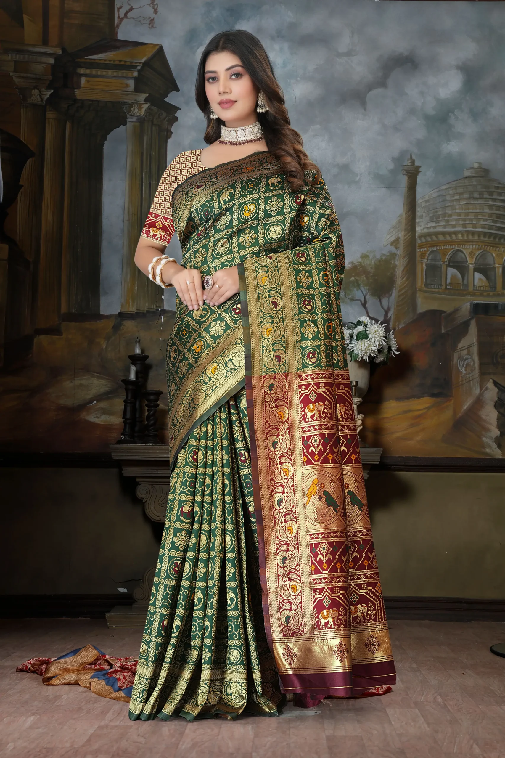Green silk blend saree front view with zari work border