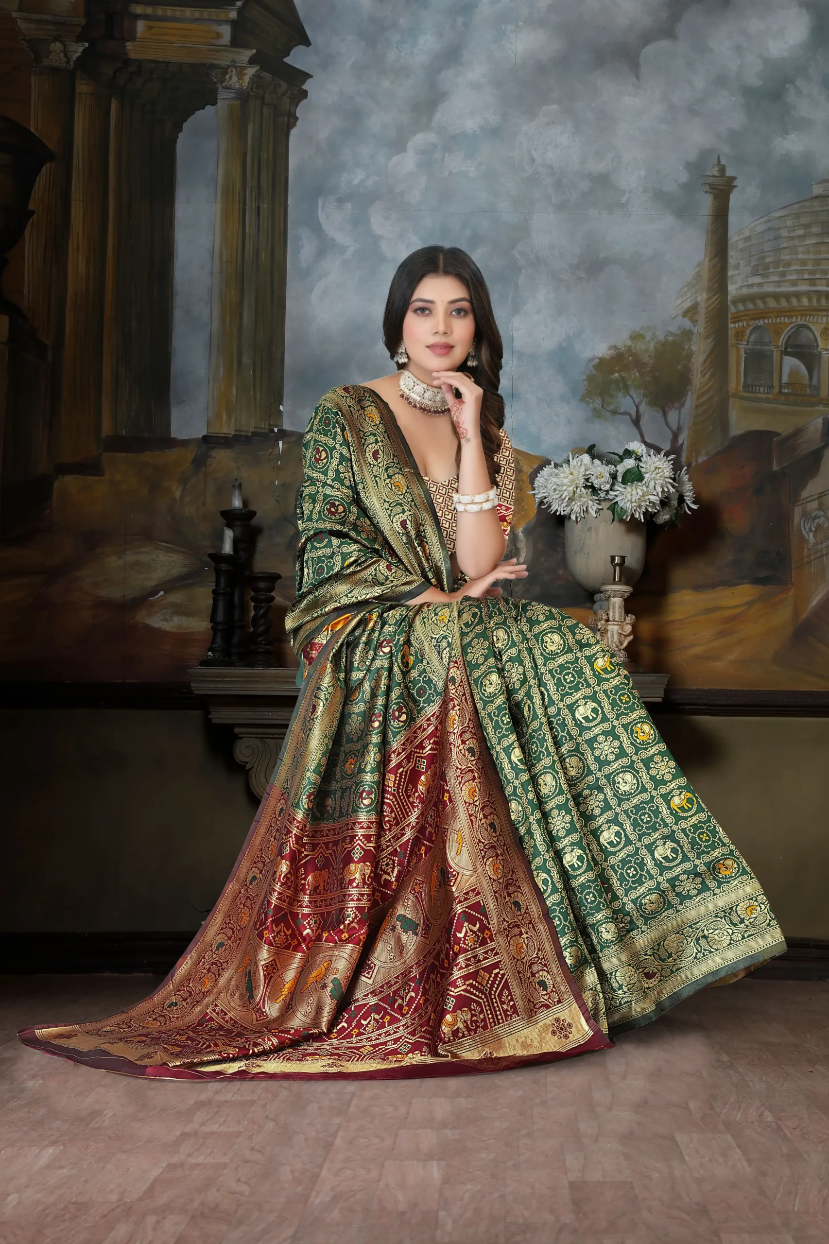 Green silk blend saree full drape festive look with red pallu