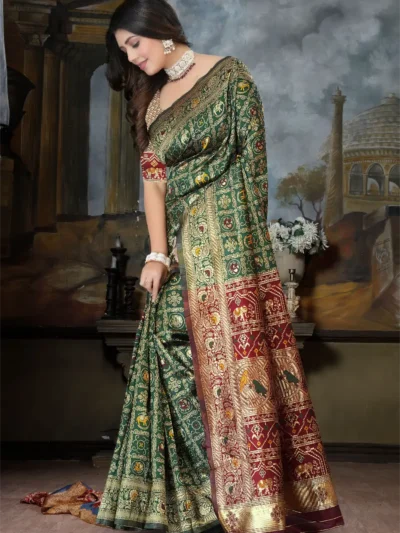 Green silk blend saree red border with zari work detail