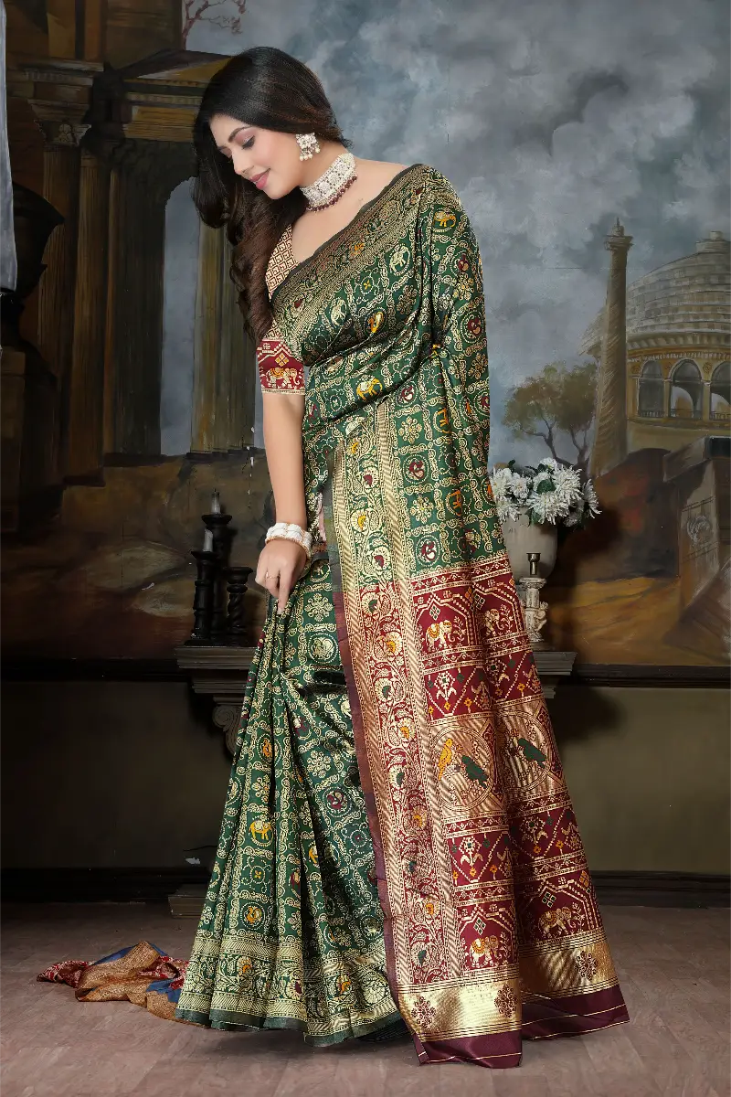 Green silk blend saree red border with zari work detail