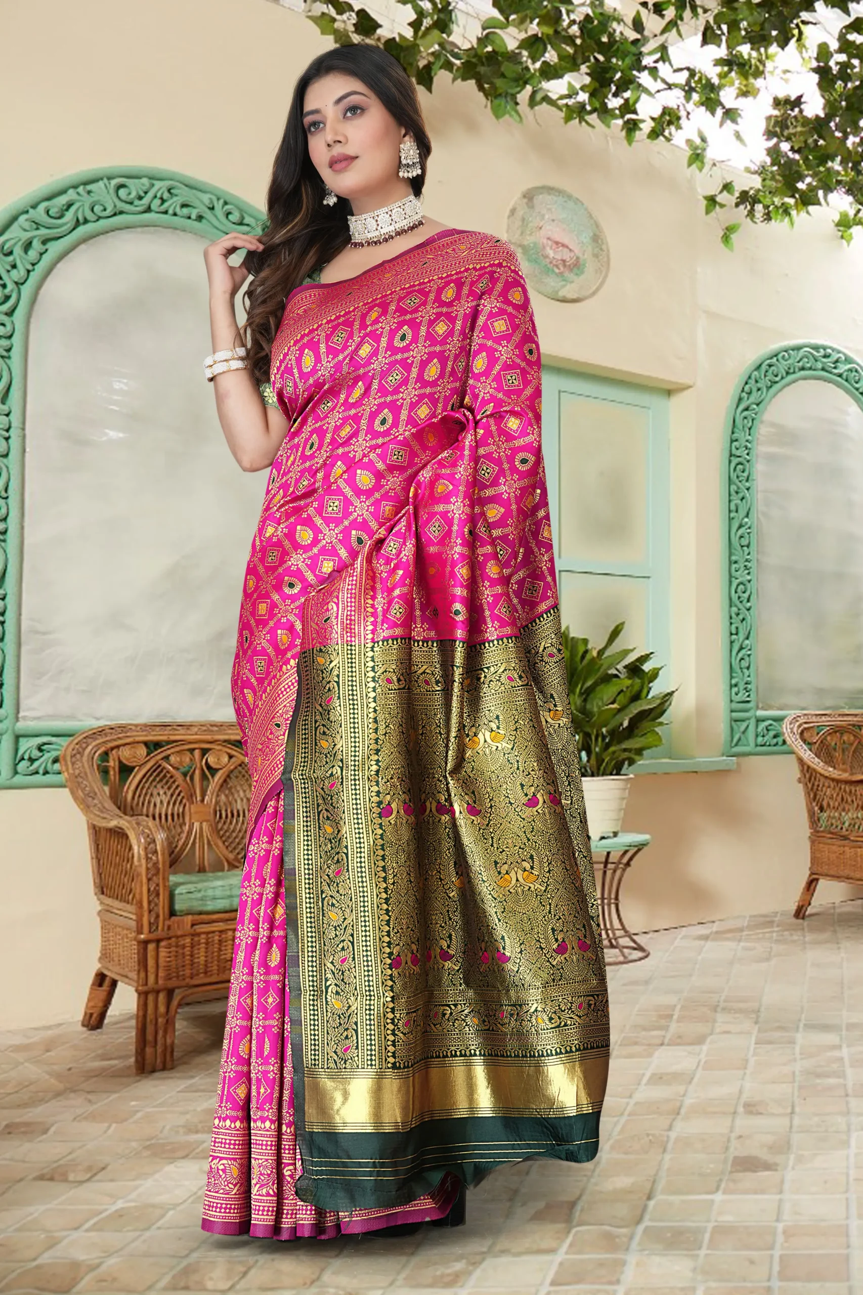 Pink Banarasi silk blend saree full drape festive wedding look
