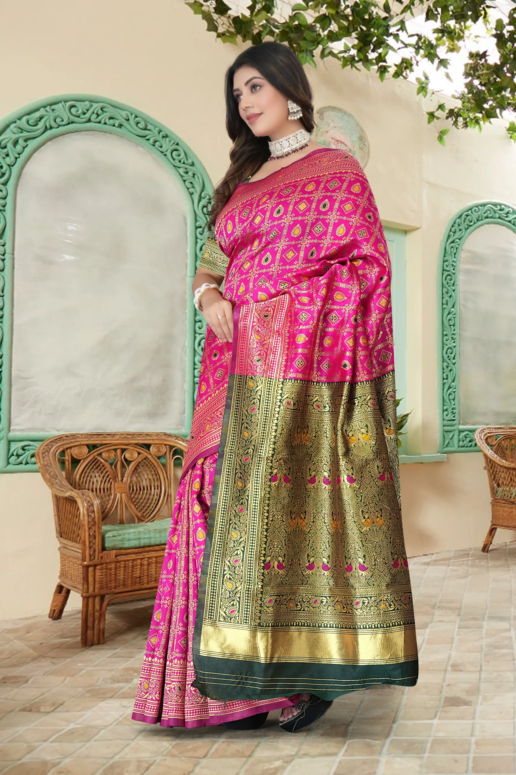 Pink Banarasi silk blend saree front view with gold zari border