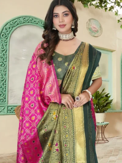 Pink Banarasi silk blend saree green border with gold zari