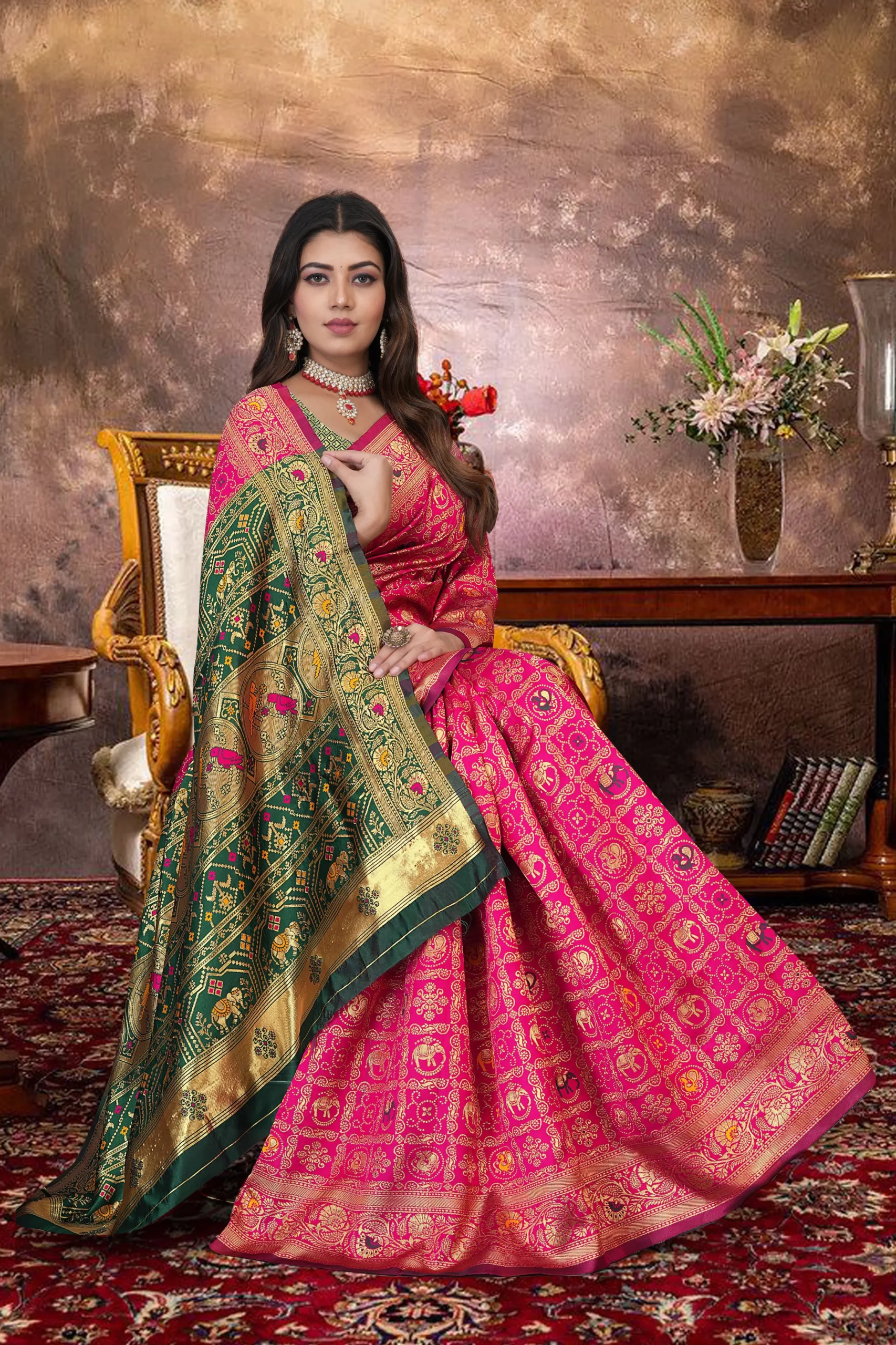 Pink green silk blend saree with zari border and elegant festive look