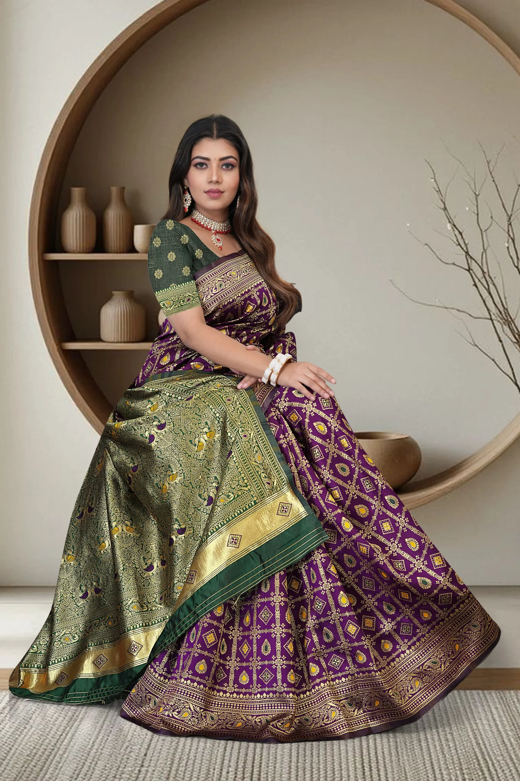 Purple green Banarasi silk blend saree with gold zari border and contrast pallu