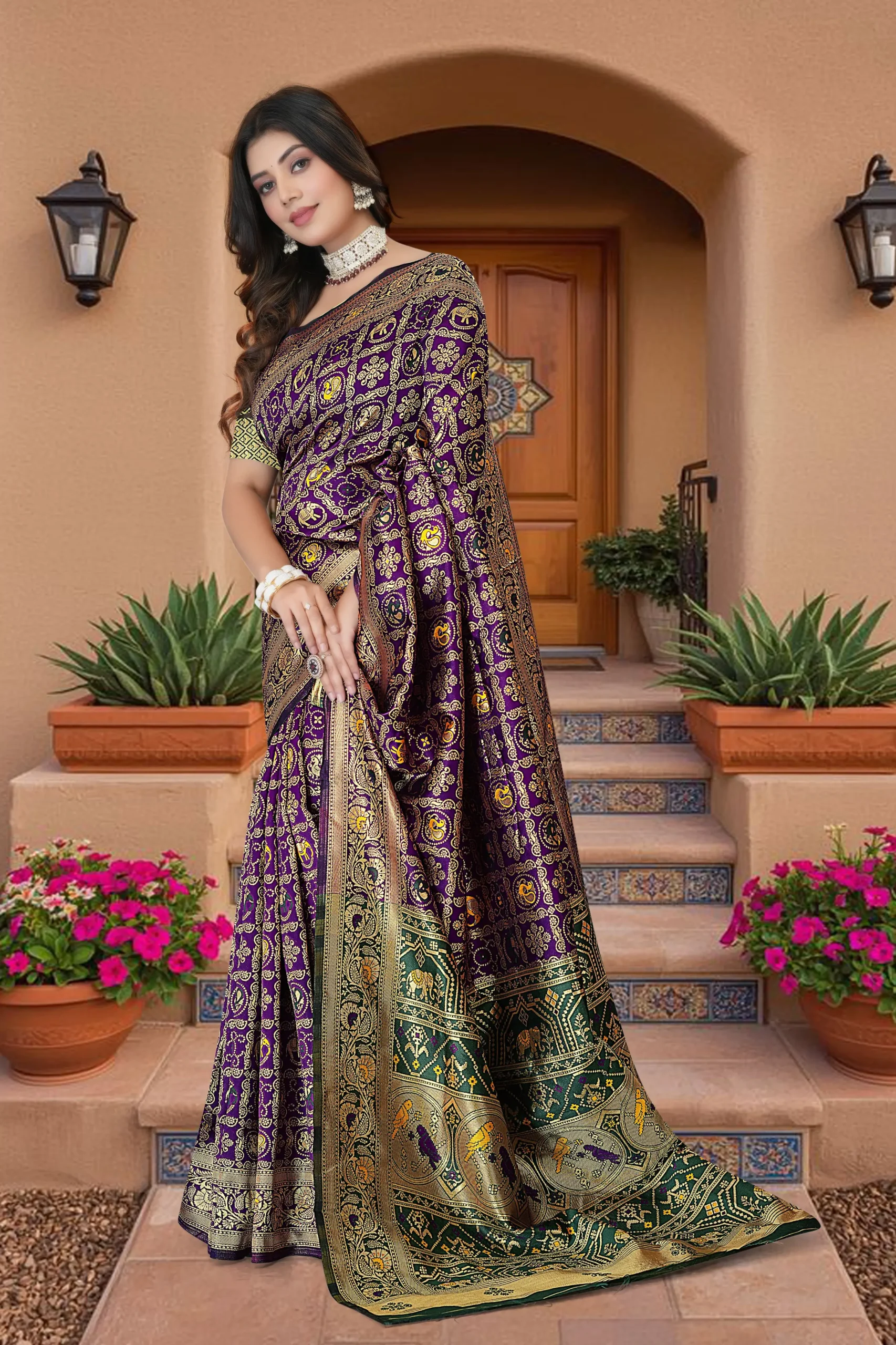 Purple green silk blend saree with zari work border and festive design