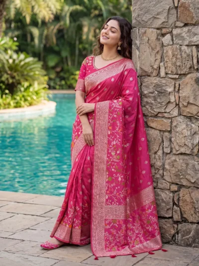Rani Pink Raw Silk Saree with Silver Zari Work