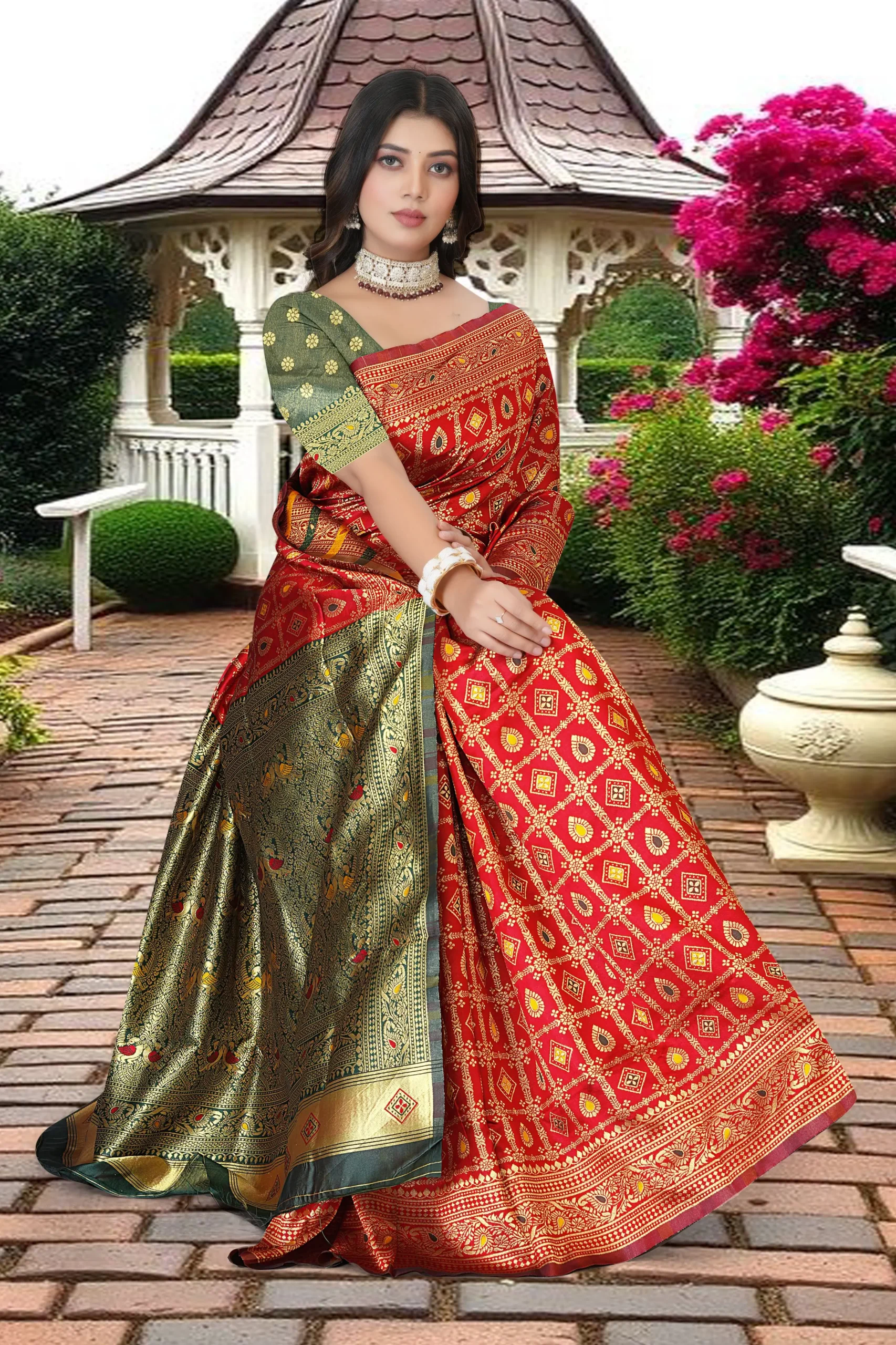 Red green Banarasi silk blend saree with gold zari and designer pallu