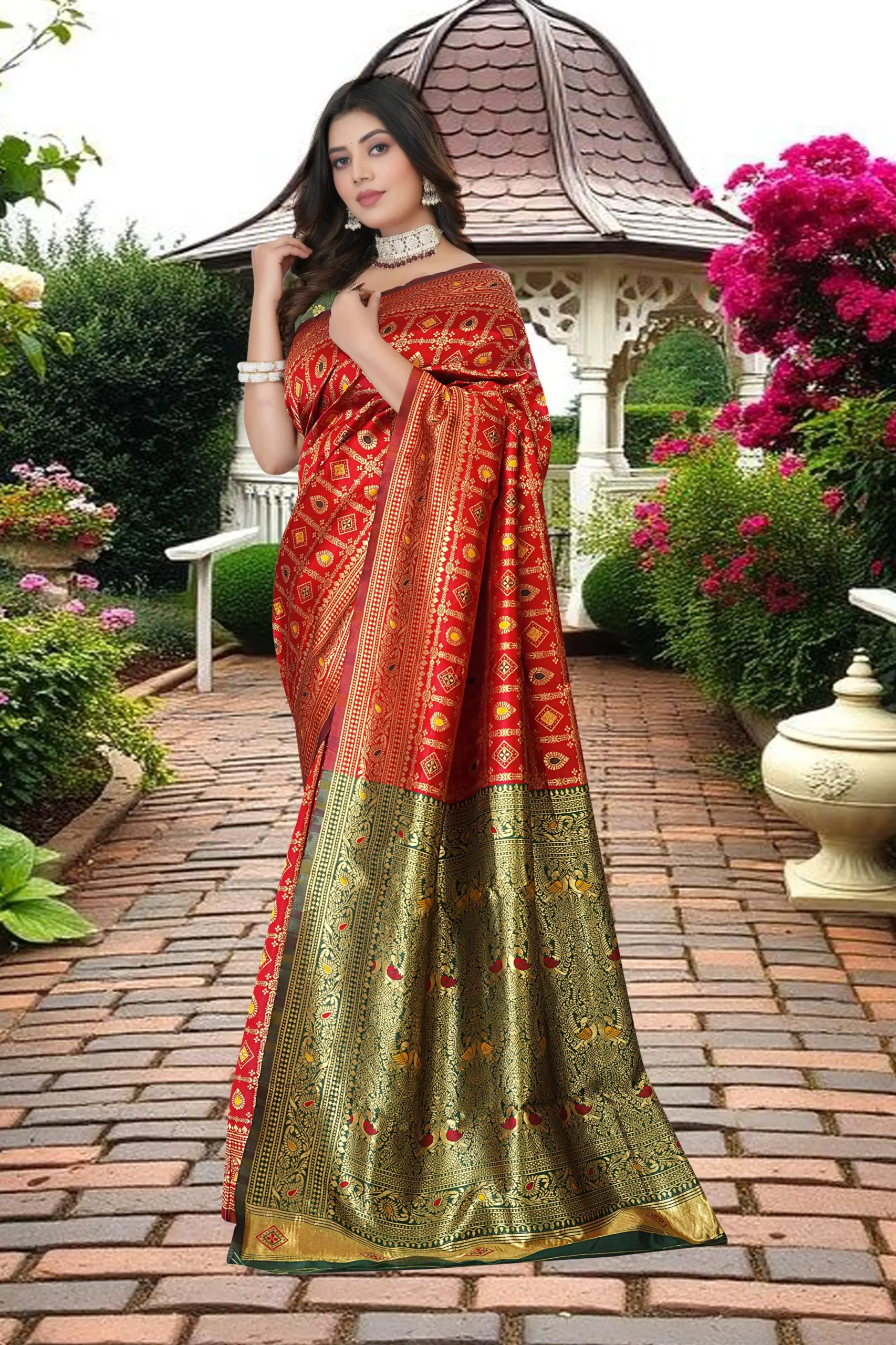 Red green silk blend saree with zari border and contrast pallu festive wear