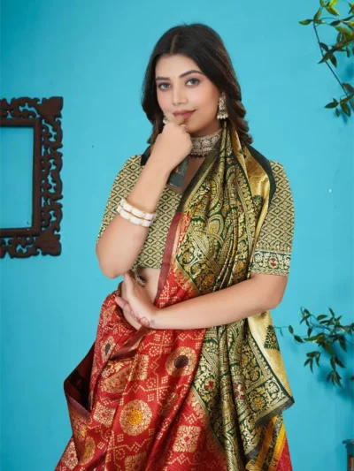 Red Green Silk Saree border with traditional motifs