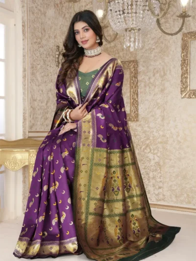 Purple Paithani Style Silk Blend Saree gold zari border detail