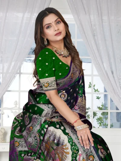 Bottle Green Banarasi Satin Silk Saree with Silver Zari Work