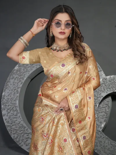 Beige Satin Silk Saree with Floral Zari Work and Rich Pallu by Maharanga