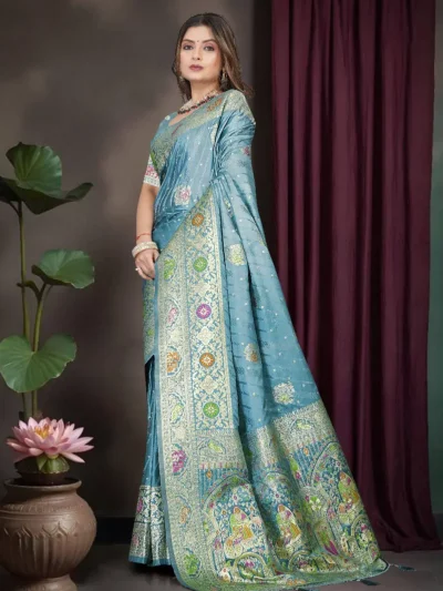 Teal Blue Banarasi Satin Saree with Heavy Zari Work
