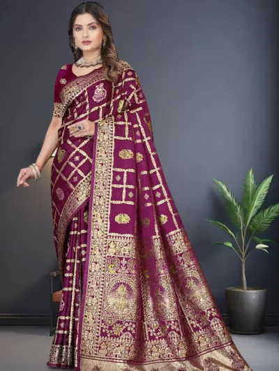Wine Satin Silk Saree with Zari Weaving and Rich Pallu by Maharanga