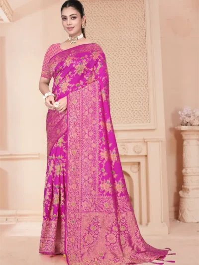 Pink Satin Silk Banarasi Saree with Zari and Thread Work with Tassels